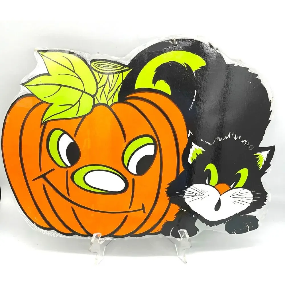 Vintage Eureka USA Halloween Die Cut Pumpkin & Cat Decor Sngl Sided 16